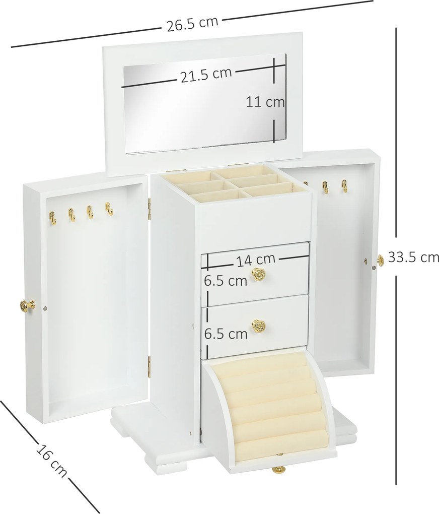 HOMCOM Cutie de bijuterii pentru femei cu 4 nivele, cutie din lemn cu aripi, oglindă și 2 sertare, 26,5x16 x33,5 cm, Alb | Aosom Romania