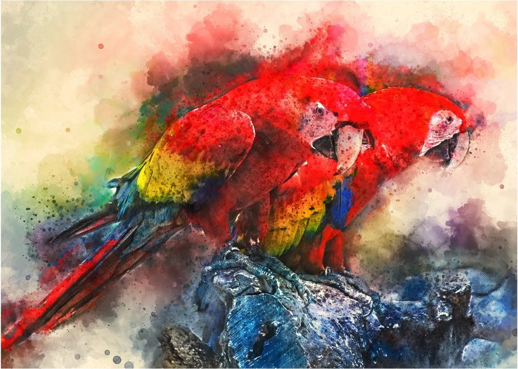 Tablou pe sticlă - Papagali roșii ara (70x50 cm)