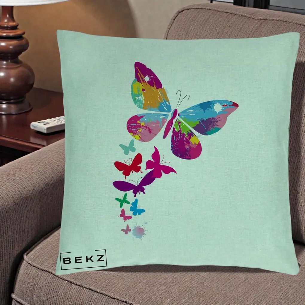 Perna Decorativa Fluturi Splash, 40x40 cm, Verde Menta, Husa Detasabila, Perna Inclusa, BEKZ®