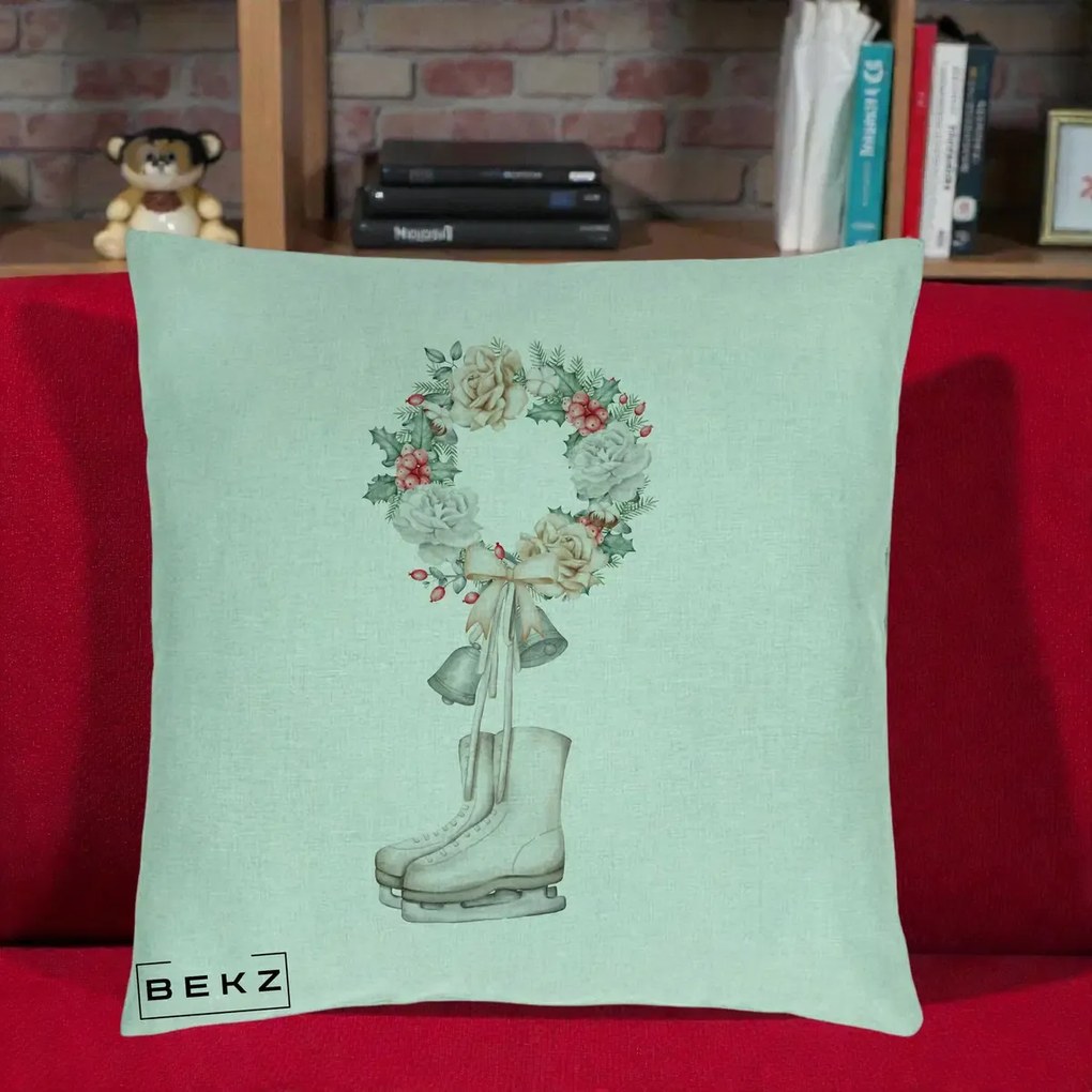 Perna Decorativa Patine cu Coroana Florala de Craciun, 40x40 cm, Verde Menta, Husa Detasabila, Perna Inclusa, BEKZ®