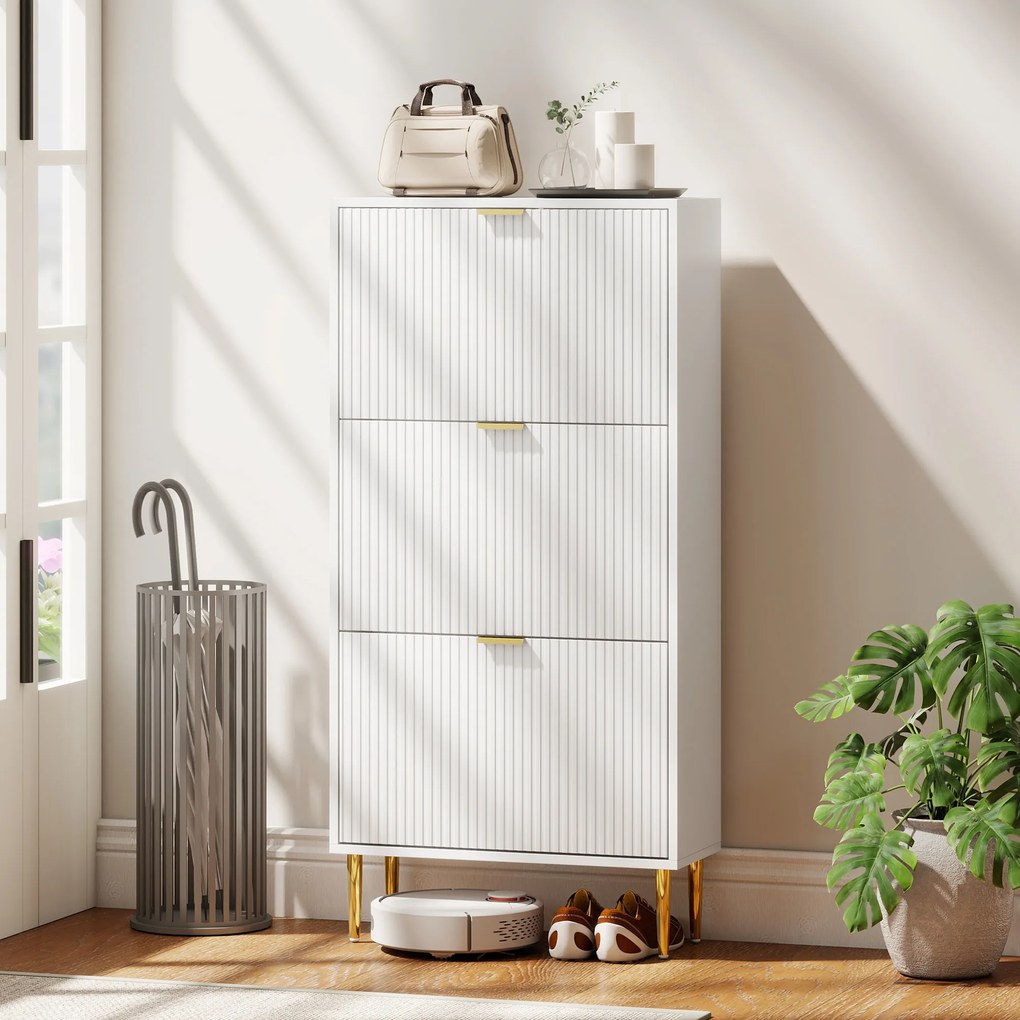 HOMCOM Dulap de pantofi pentru 18 perechi de pantofi cu 3 sertare rabatabile Alb | Aosom Romania