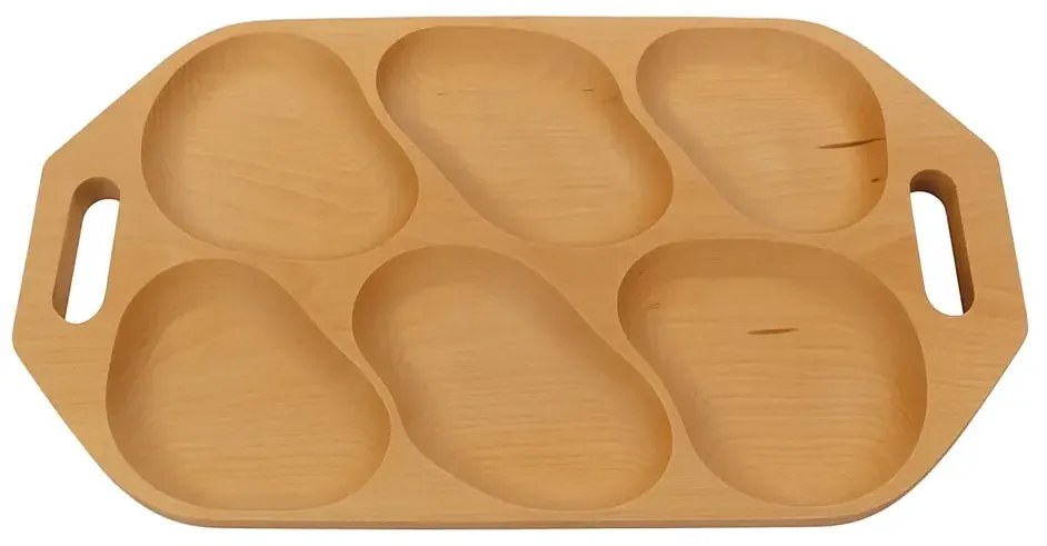 Platou din lemn pentru servire 6 compartimente, lemn de fag, 48x28 cm