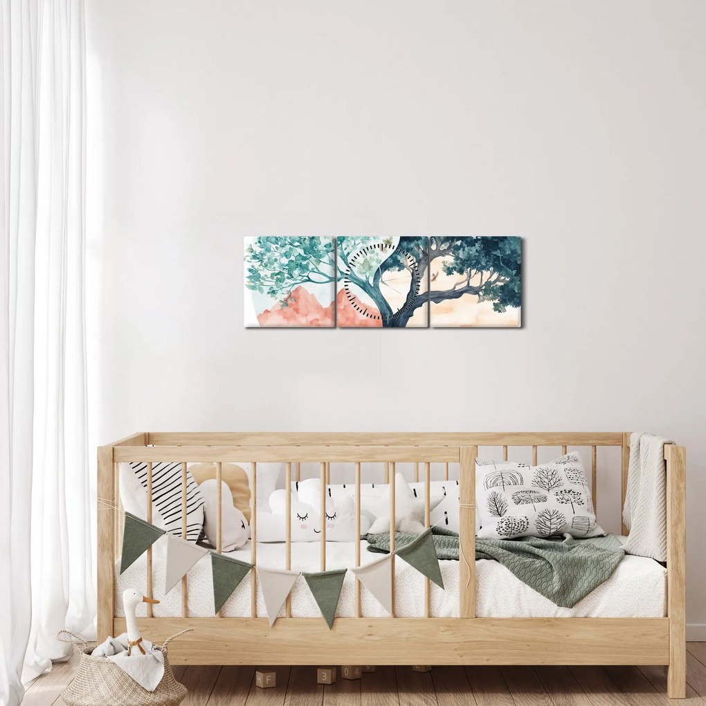 Tablou – Arbore acvarelă plin de viață (cu ceas) (90x30 cm)