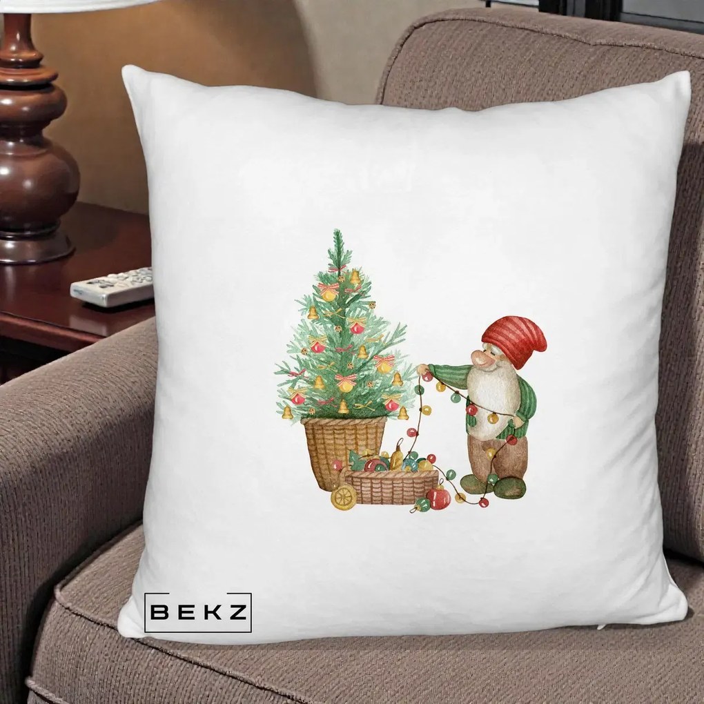 Perna Decorativa Pitic de Craciun cu Brad, 40x40 cm, Alb Pufos, Husa Detasabila, Perna Inclusa, BEKZ®