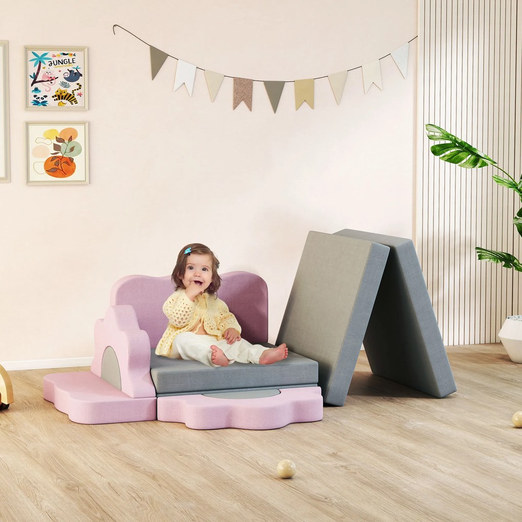 AIYAPLAY Set de 12 blocuri din spumă pentru cățărat, construit, târât, saltele de joacă pentru interior cu husă din catifea côtelată, Gri+Roz | Aosom Romania