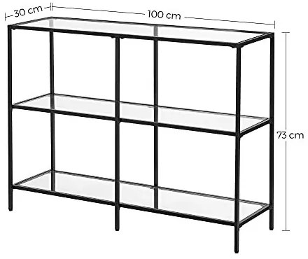 Consola cu 3 rafturi, metal / sticla temperata, negru, Vasagle