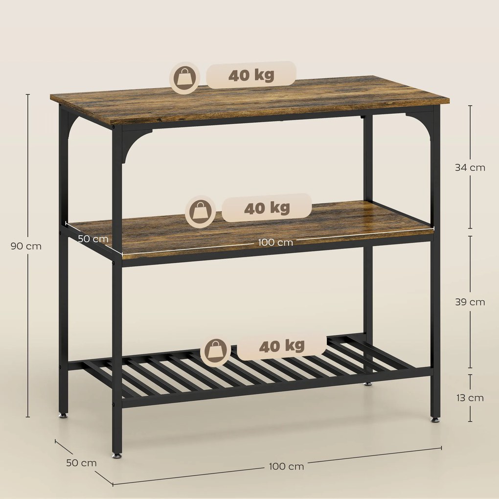 HOMCOM Raft de brutărie, raft de bucătărie cu 3 nivele și cadru din oțel, Maro rustic+Negru | Aosom Romania
