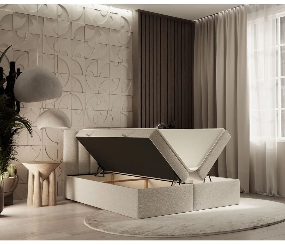 Pat boxspring bej cu spațiu de depozitare 180x200 cm Novento – Maison de Rêve