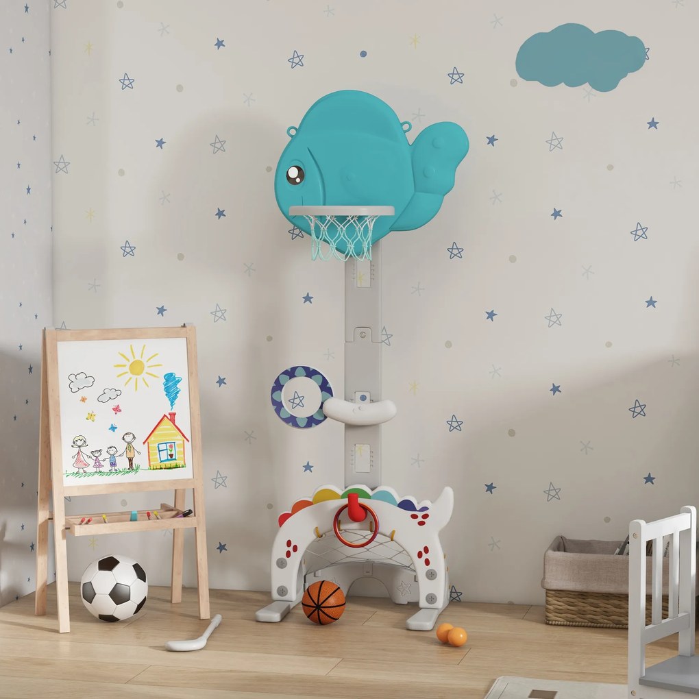 AIYAPLAY Coș de Baschet pentru Copii 5 în 1 cu Înălțime Reglabilă, Poartă de Fotbal și Golf, 46x51x134-152 cm, Multicolor | Aosom Romania