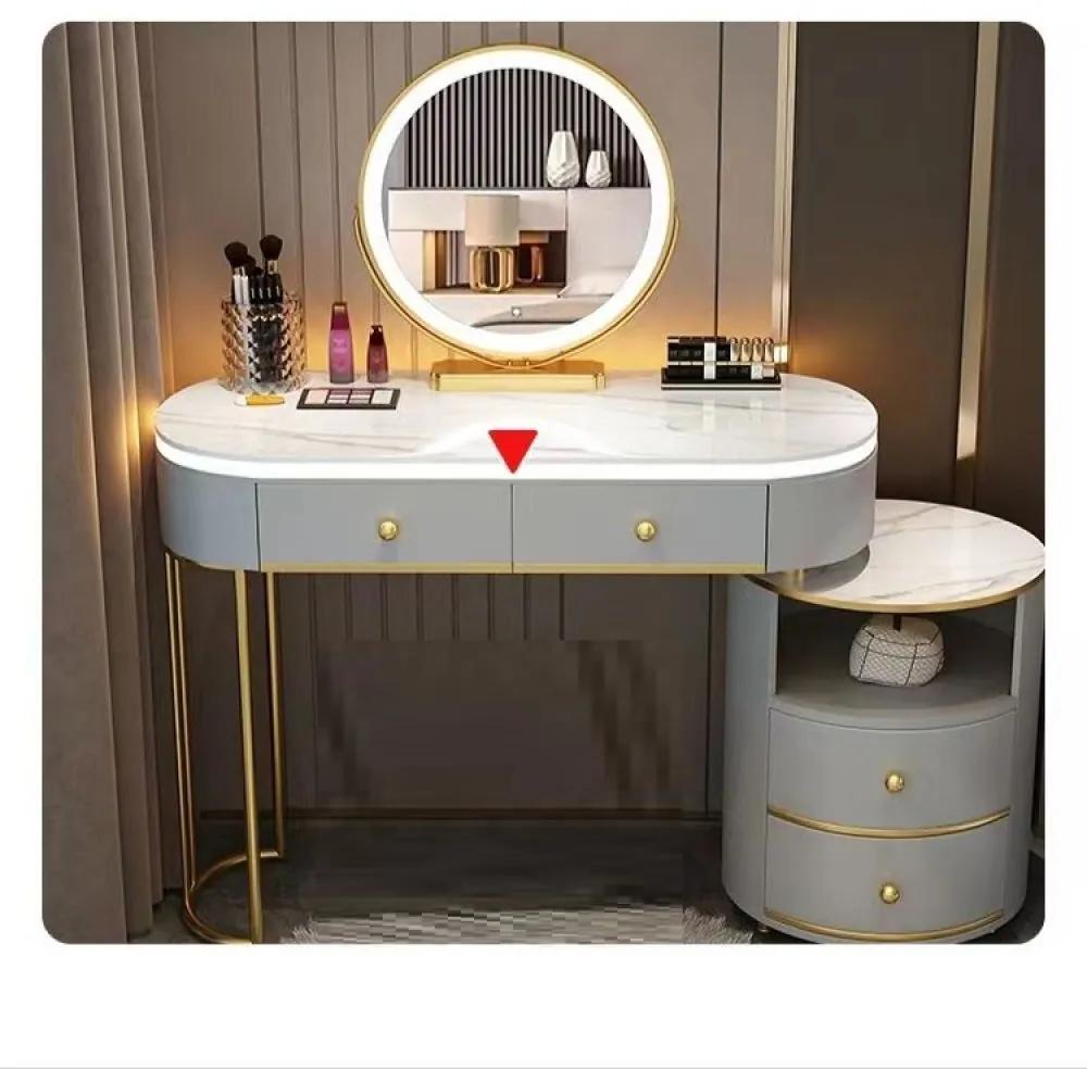 Set ALEGRIA, Masă de toaletă pentru machiaj cu margini iluminate LED, oglindă iluminată LED, control touch, 4 sertare, scaun bej