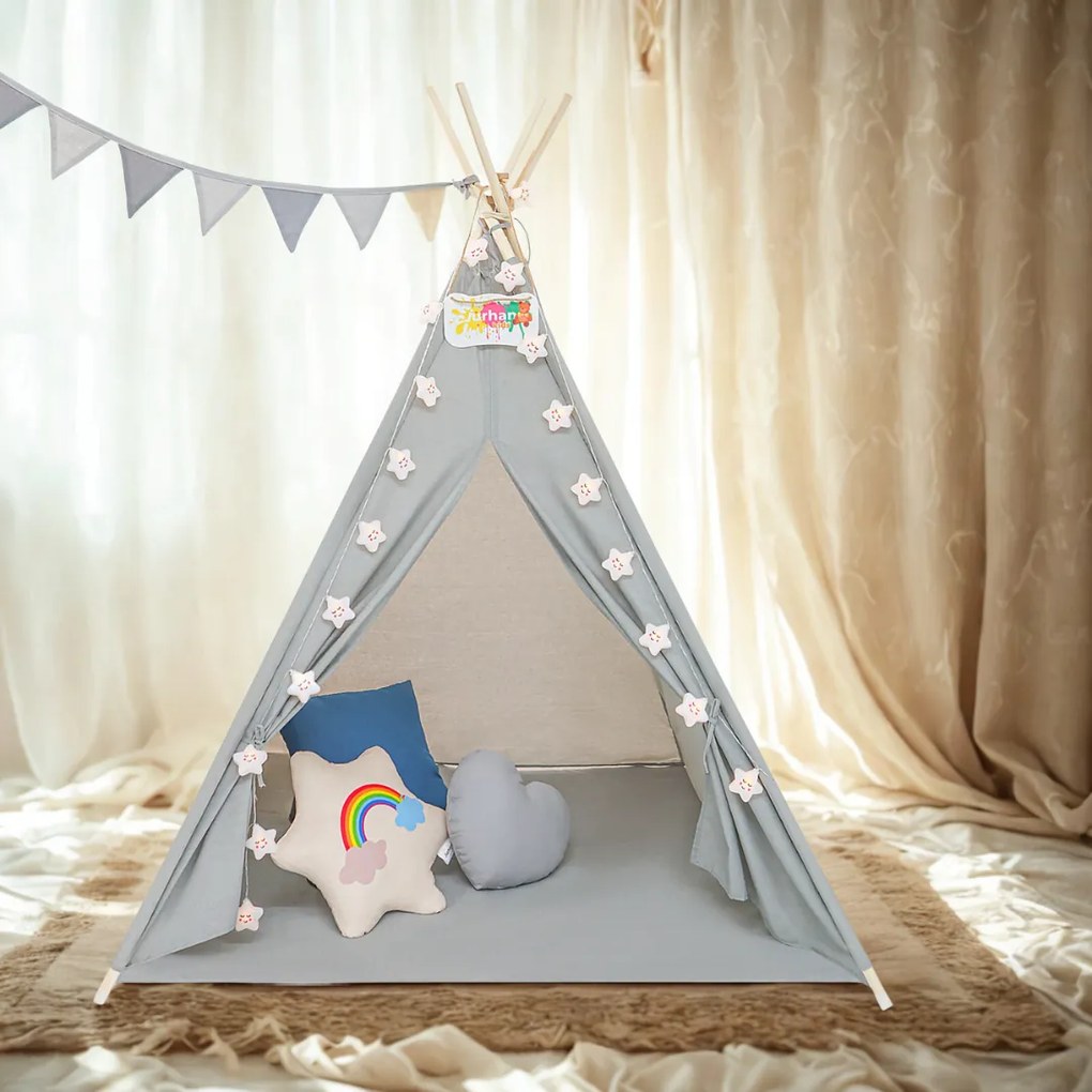 Jurhan Cort tip teepee pentru copii JULIUS, 120x120x160cm, gri/albastru