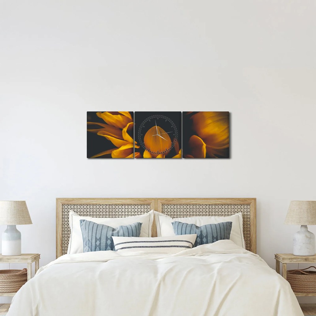 Tablou - Floarea-soarelui în fundal negru (cu ceas) (90x30 cm)