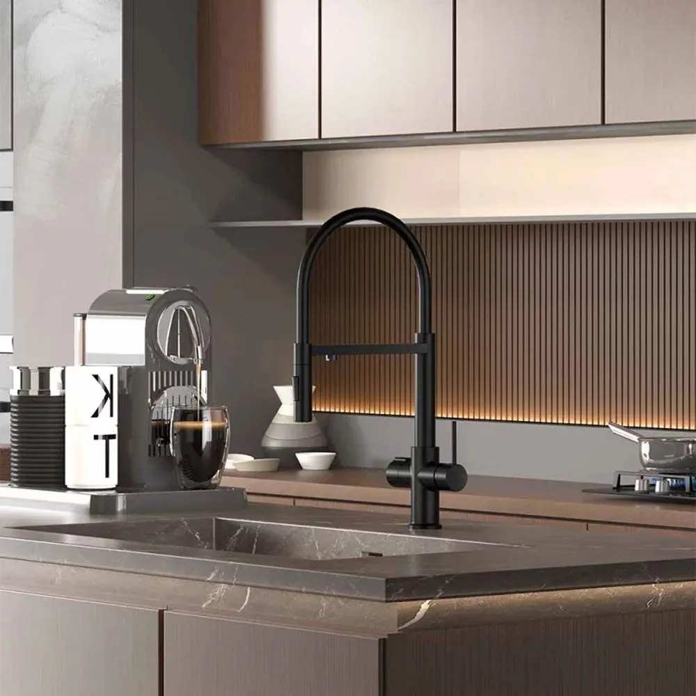 Baterie bucatarie cu pipa flexibila Inter Ceramic Acqua Pura compatibila cu sistem filtrare apa negru mat