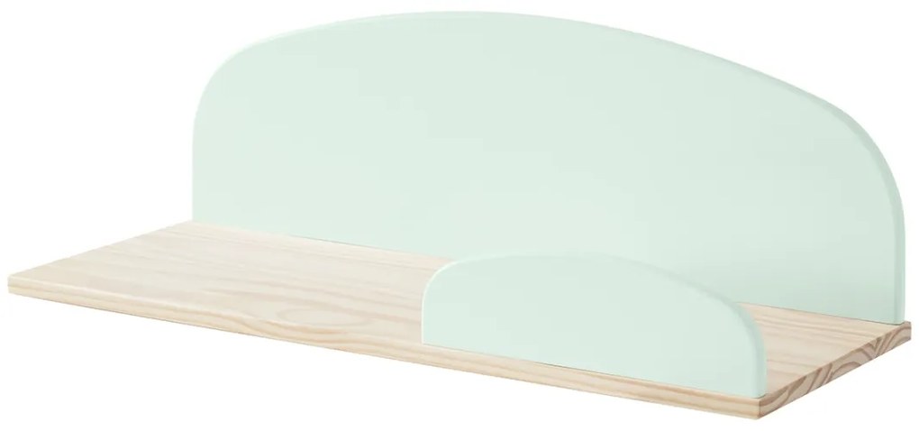 Set KIDDY în verde mentă format dintr-un Pat copii (90x200), noptieră, 2 rafturi de perete (45 și 65 cm) și o cutie de jucării.