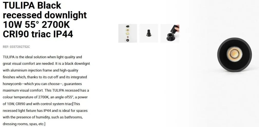 Spot LED incastrabil TULIPA Black recessed downlight 10W 55° 2700K CRI90 triac IP44
