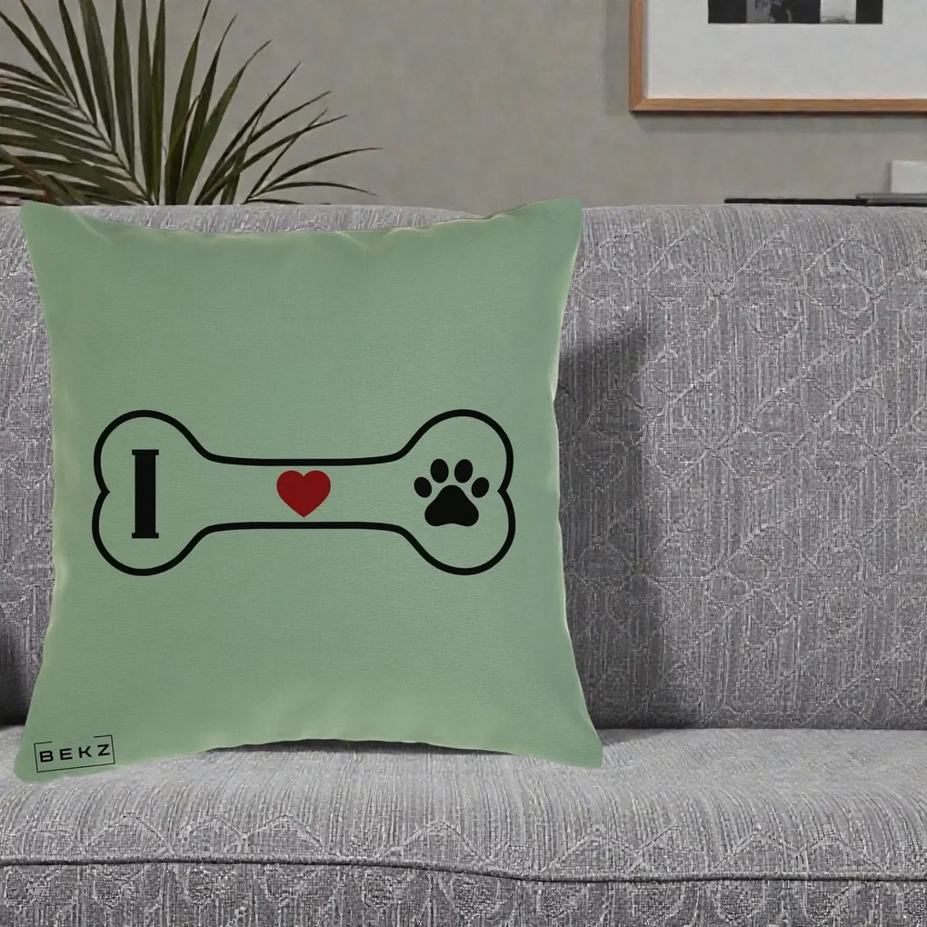 Perna Personalizata I Love Dog Os si Labuta, 40x40 cm, Verde, Husa Detasabila, Perna Inclusa, BEKZ®