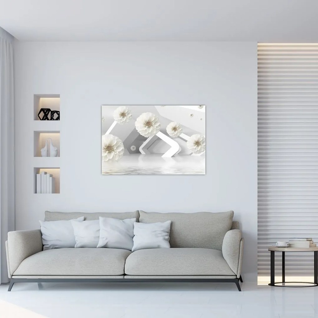 Tablou abstract cu flori albe (90x60 cm)