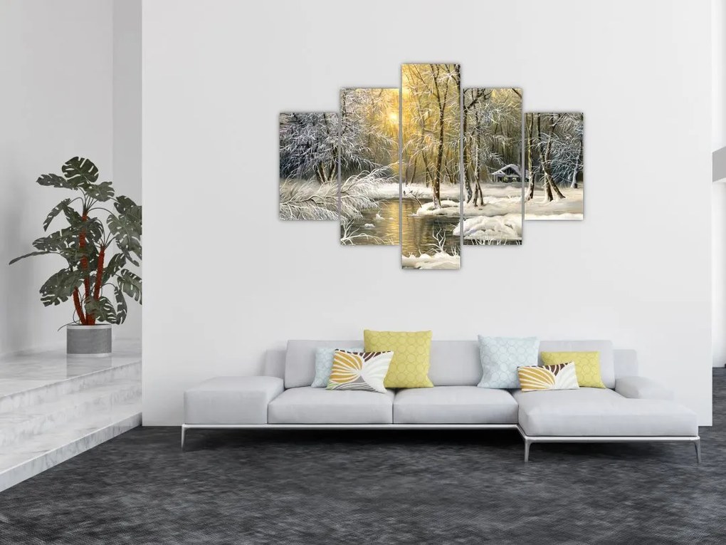 Tablou - Cabană în pădure, pictură în uei (150x105 cm)