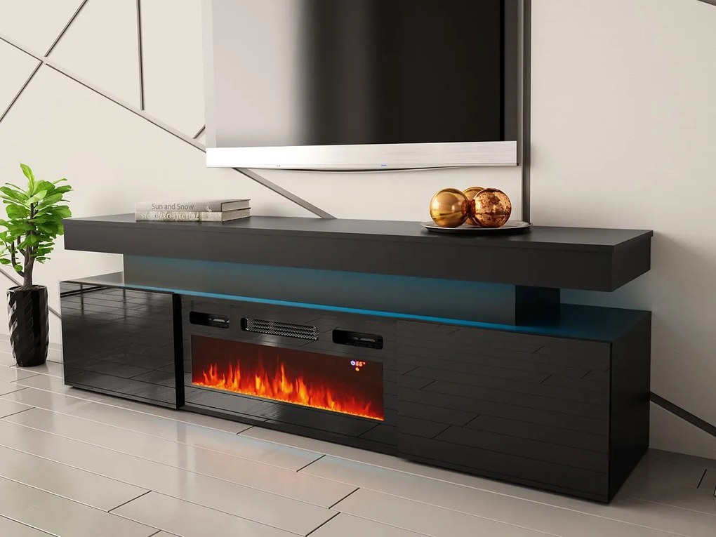 Dulap TV cu șemineu Lesteralo EF 2D 190 (Negru + lucios negru) (cu iluminat LED albastru). Promo -16%. 1106180