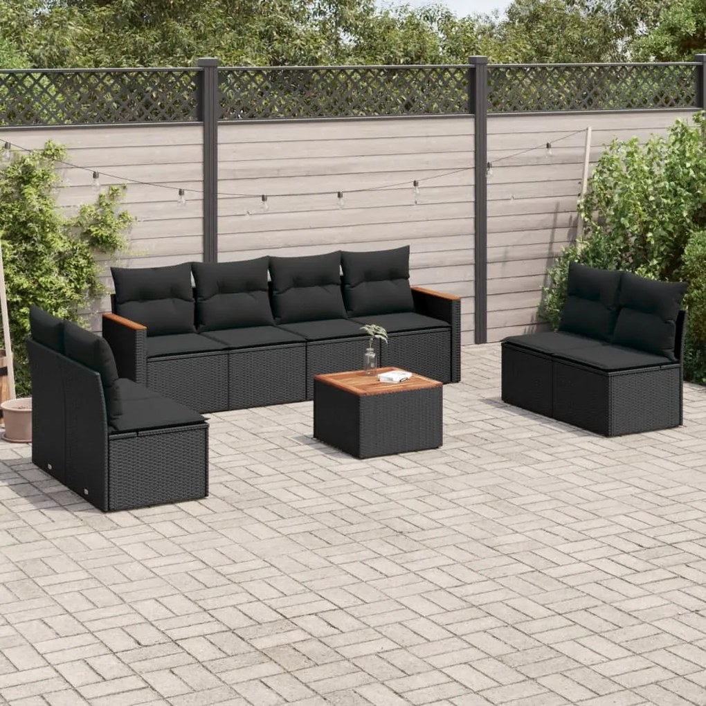 3225894 vidaXL Set mobilier de grădină cu perne, 9 piese, negru, poliratan