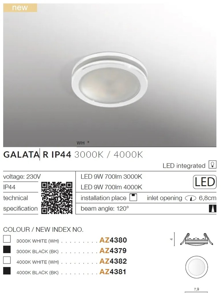 Spot LED incastrabil tavan/plafon baie GALATA R IP44 3000K alb