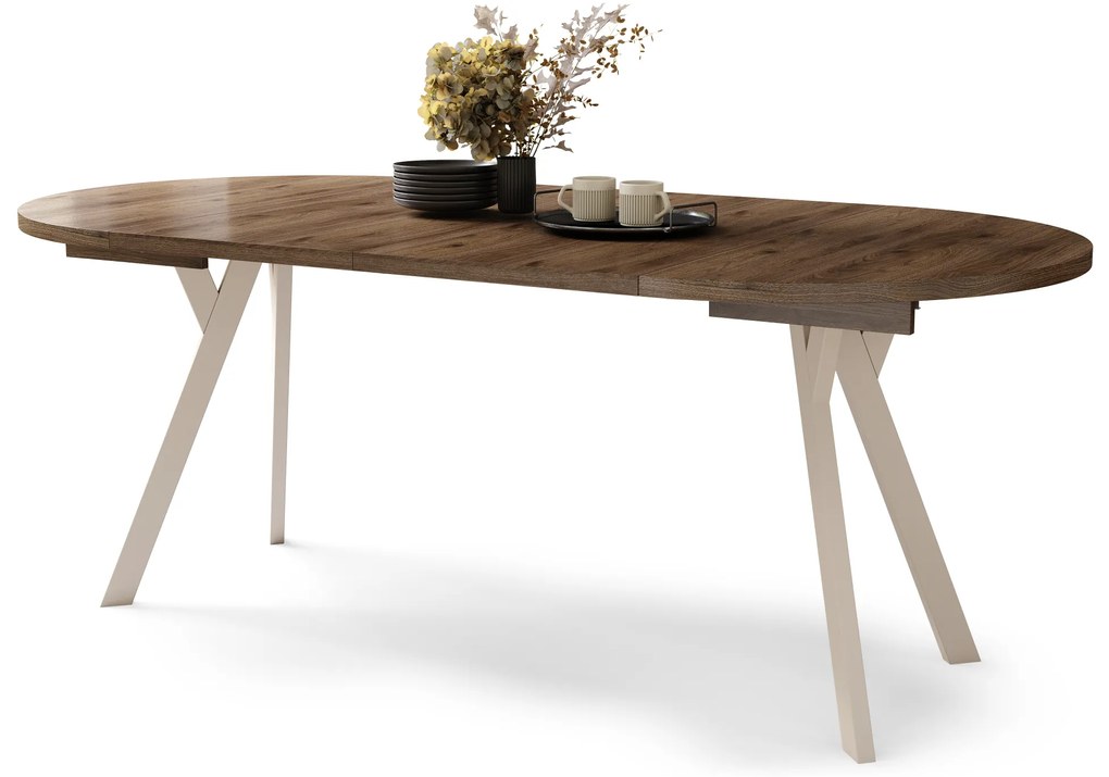 Mazzoni ALDO Nuc Elegant/picioare bej - MASĂ ROTUNDĂ EXTENSIBILĂ CU PICIOARE ÎN FORMĂ DE Y STIL LOFT PENTRU SALON/SUFRAGERIE