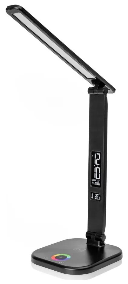 Lampă reglabilă LED RGBW cu încărcare wireless, afișaj și port USB, 6W/5V, 3000–6500K, neagră