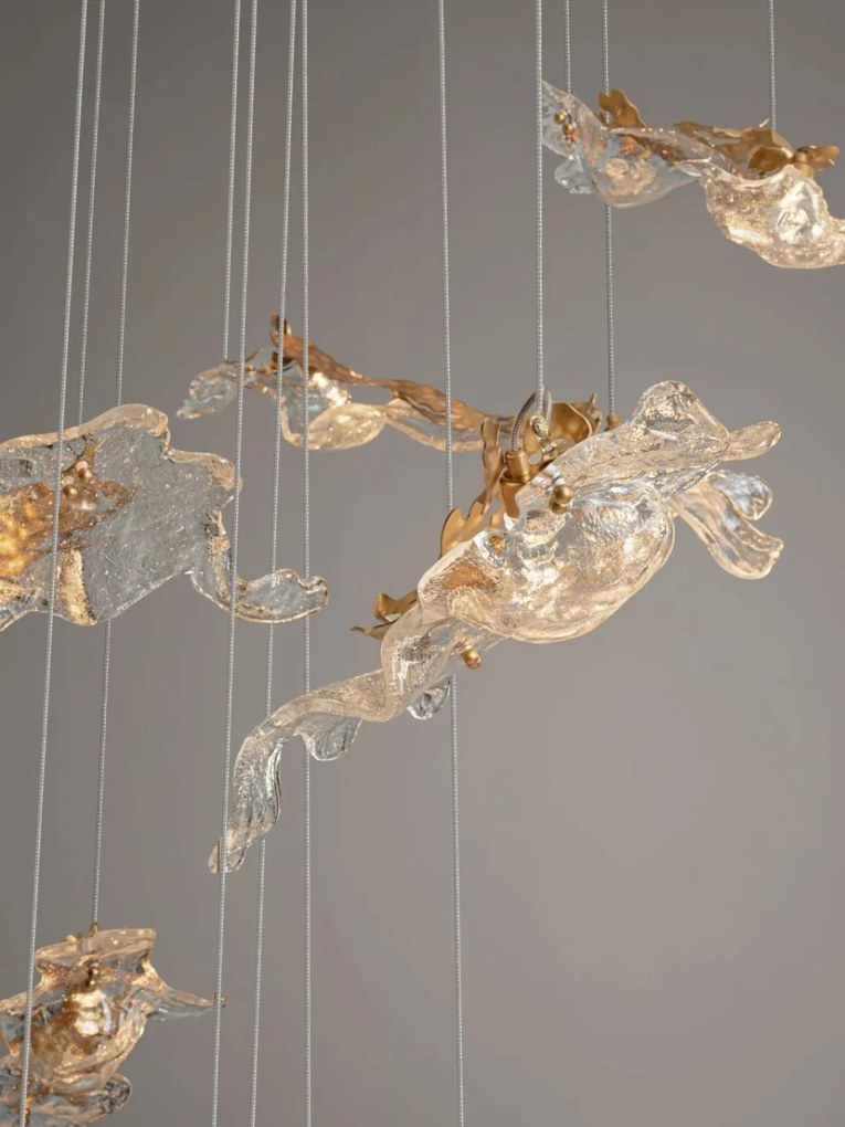 Lustra casa scarii LED otel auriu si sticla transparenta AVESA