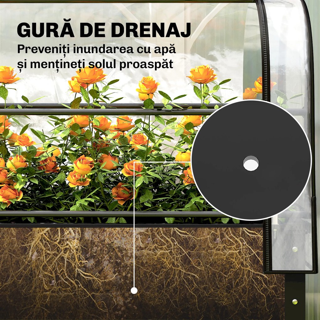 Outsunny Pat Ridicat cu Acoperire Rabatabilă pentru Sera, Ladă de Grădină Ridicată din Metal cu Orificiu de Drenaj, Negru | Aosom Romania