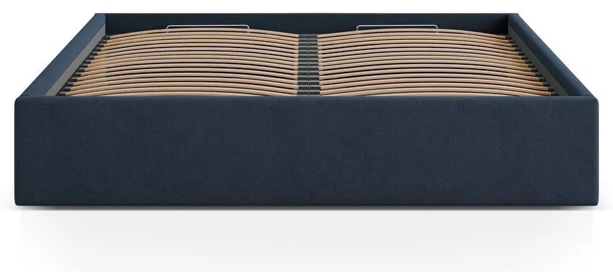 Pat matrimonial albastru închis tapițat cu spațiu de depozitare/fără tăblie cu somieră 180x200 cm Susan – Micadoni