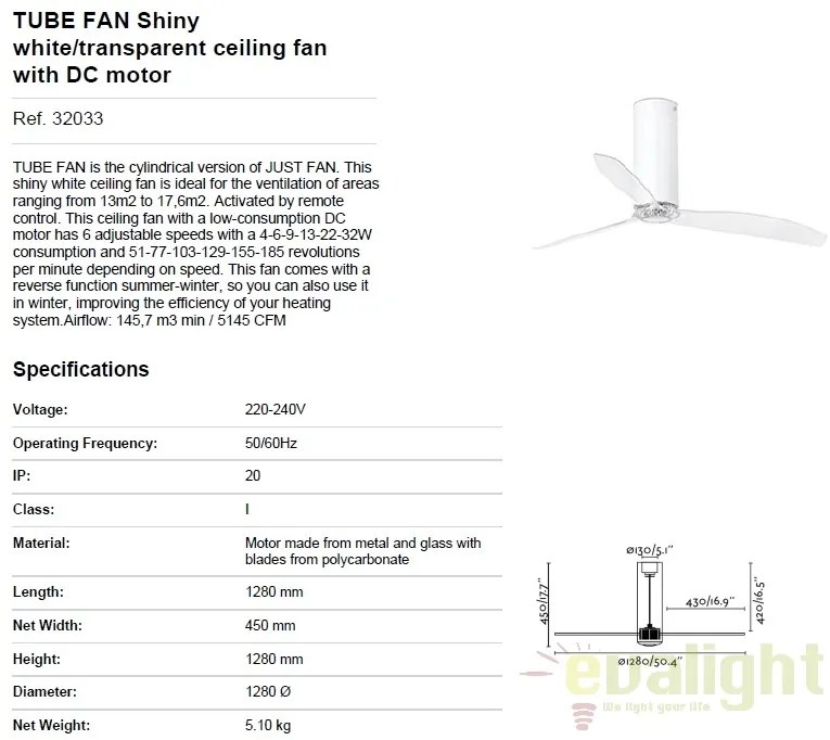 Ventilator cu telecomanda Tube alb lucios / transparent 32033