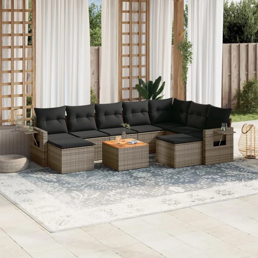 vidaXL Set mobilier de grădină cu perne, 10 piese, gri, poliratan