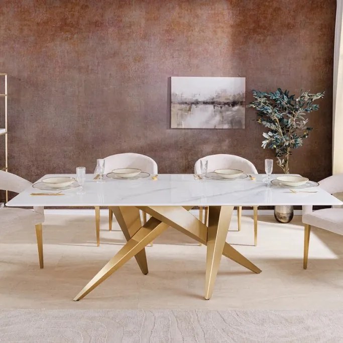 Masa design modern, Metal, Auriu, Ceramica, Alb, ART LIVING 200cm, A-46202 VC