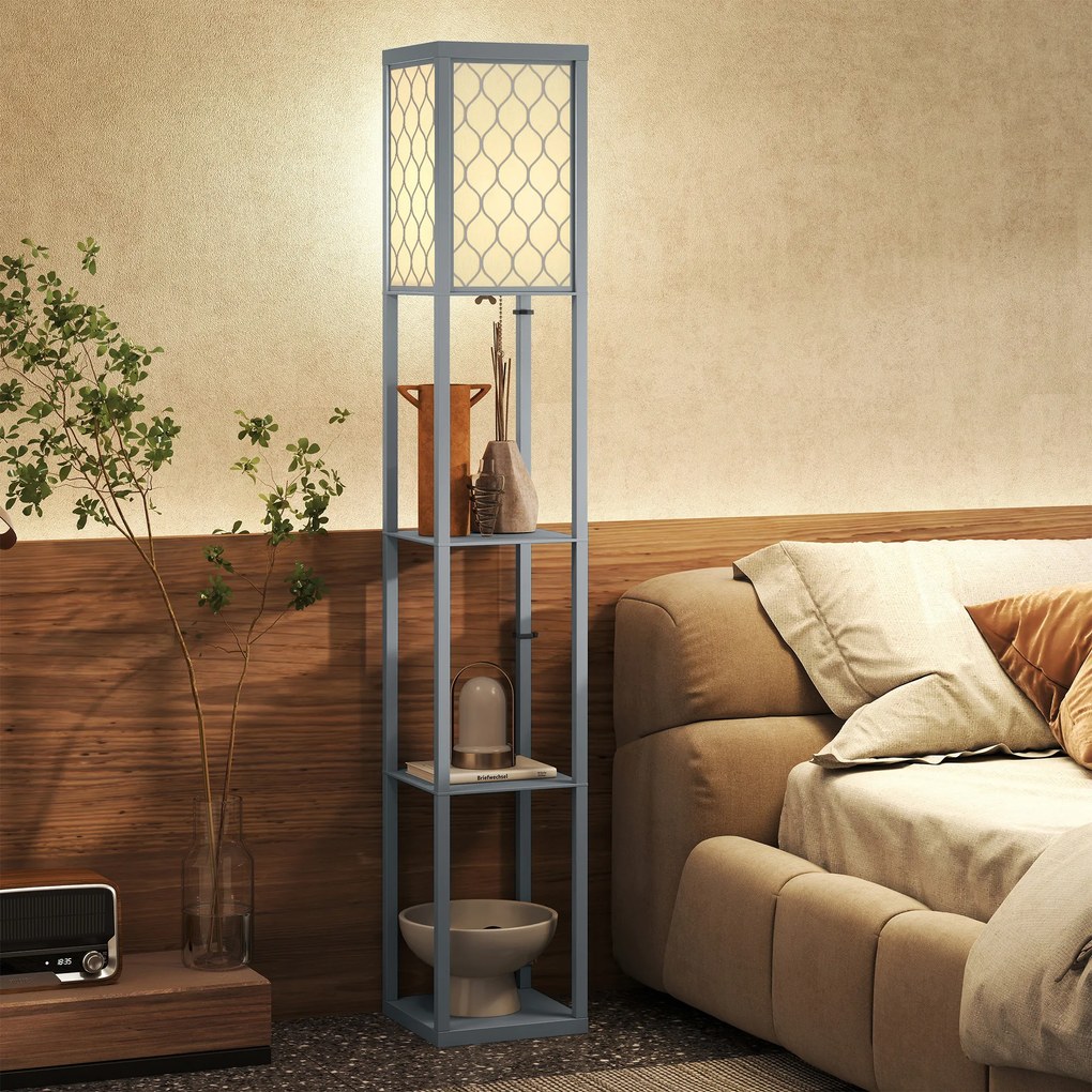 HOMCOM Lampă de podea cu raft, 3 compartimente, dimensiuni compacte, MDF, gri deschis | Aosom Romania