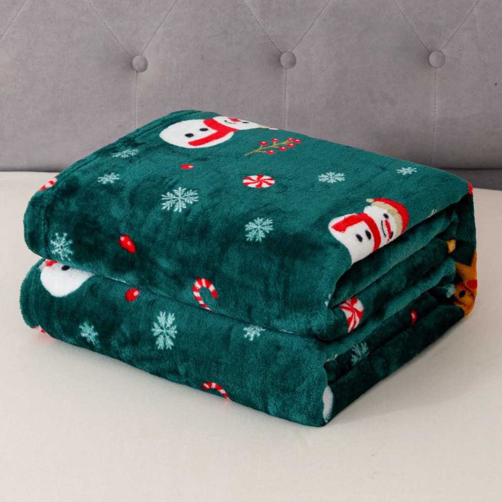 Patura microplus de Craciun SNOWMAN AND GINGERBREAD verde Dimensiuni: 200 x 220 cm