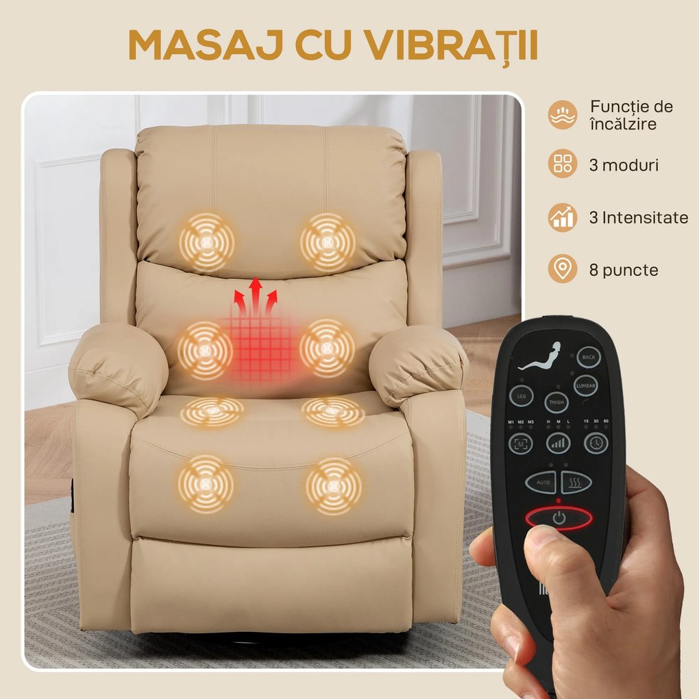 HOMCOM Fotoliu de Ralaxare cu 8 puncte de masaj și Încălzire, Fotoliu Reclinabil cu Suport pentru Picioare, 97x92x104 cm, Bej | Aosom Romania