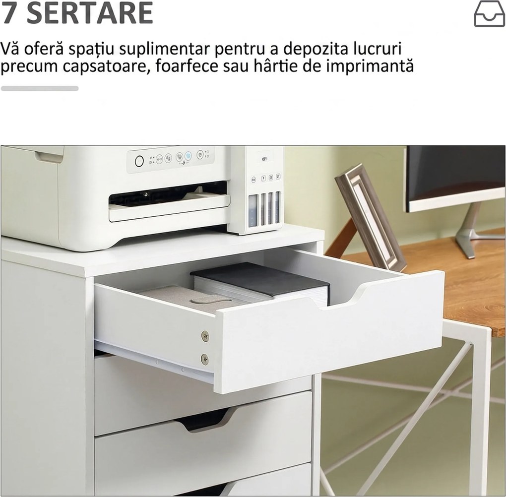 Vinsetto fișet de birou cu 7 sertare, roți cu frână, pentru documente Letter/A4/Legal, alb | Aosom Romania