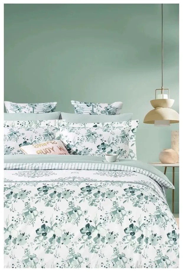 Lenjerie de pat albă/verde din bumbac ranforcé pentru pat dublu/extinsă cu cearceaf inclus/cu 4 piese 200x220 cm – Mila Home