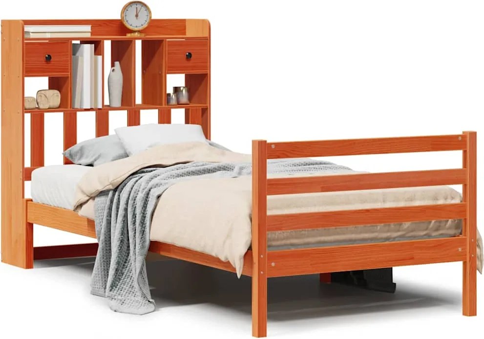 vidaXL Pat bibliotecă fără saltea maro ceruit 75x190 cm lemn masiv pin