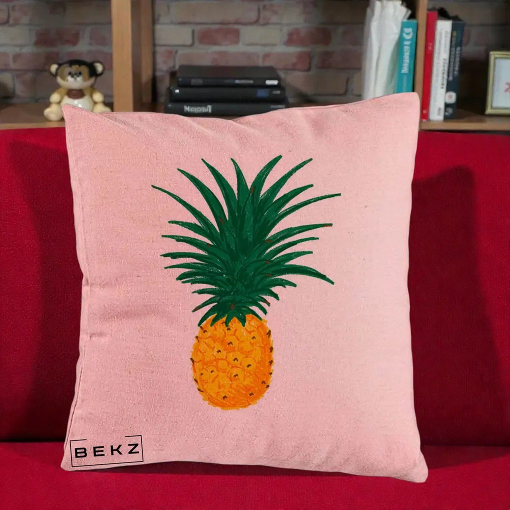Perna Decorativa Ananas Tropical, 40x40 cm, Roz, Husa Detasabila, Perna Inclusa, BEKZ®