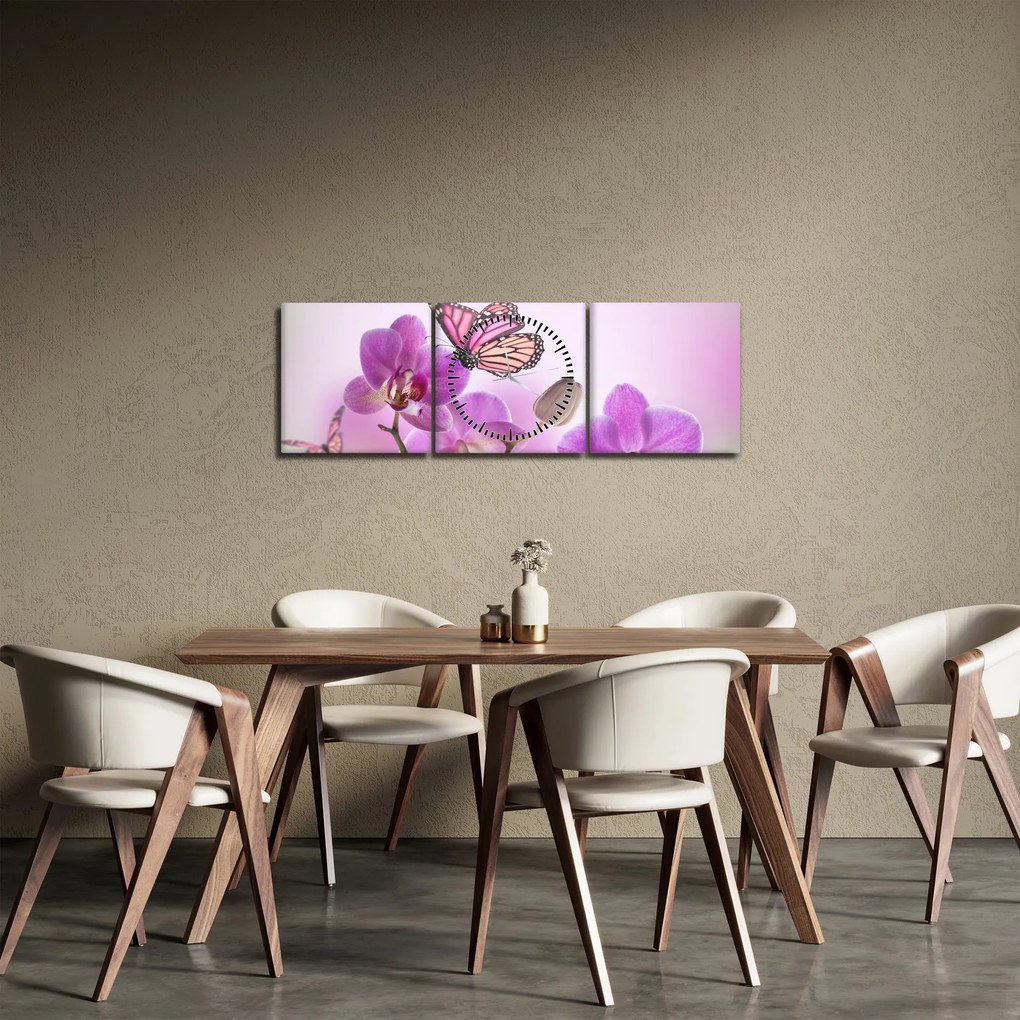 Tablou - Fluture pe flori de orhidee, liliac (cu ceas) (90x30 cm)