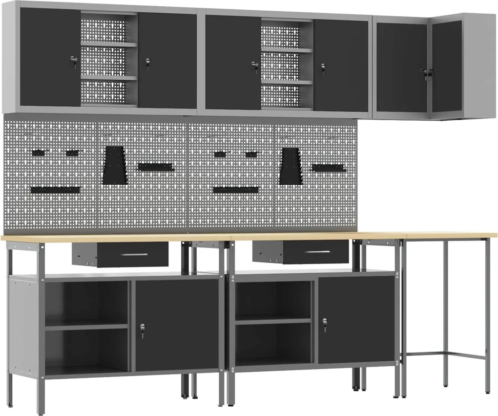 vidaXL Set de dulapuri de lucru cu sertar cu raft 10 pcs Negru și Gri