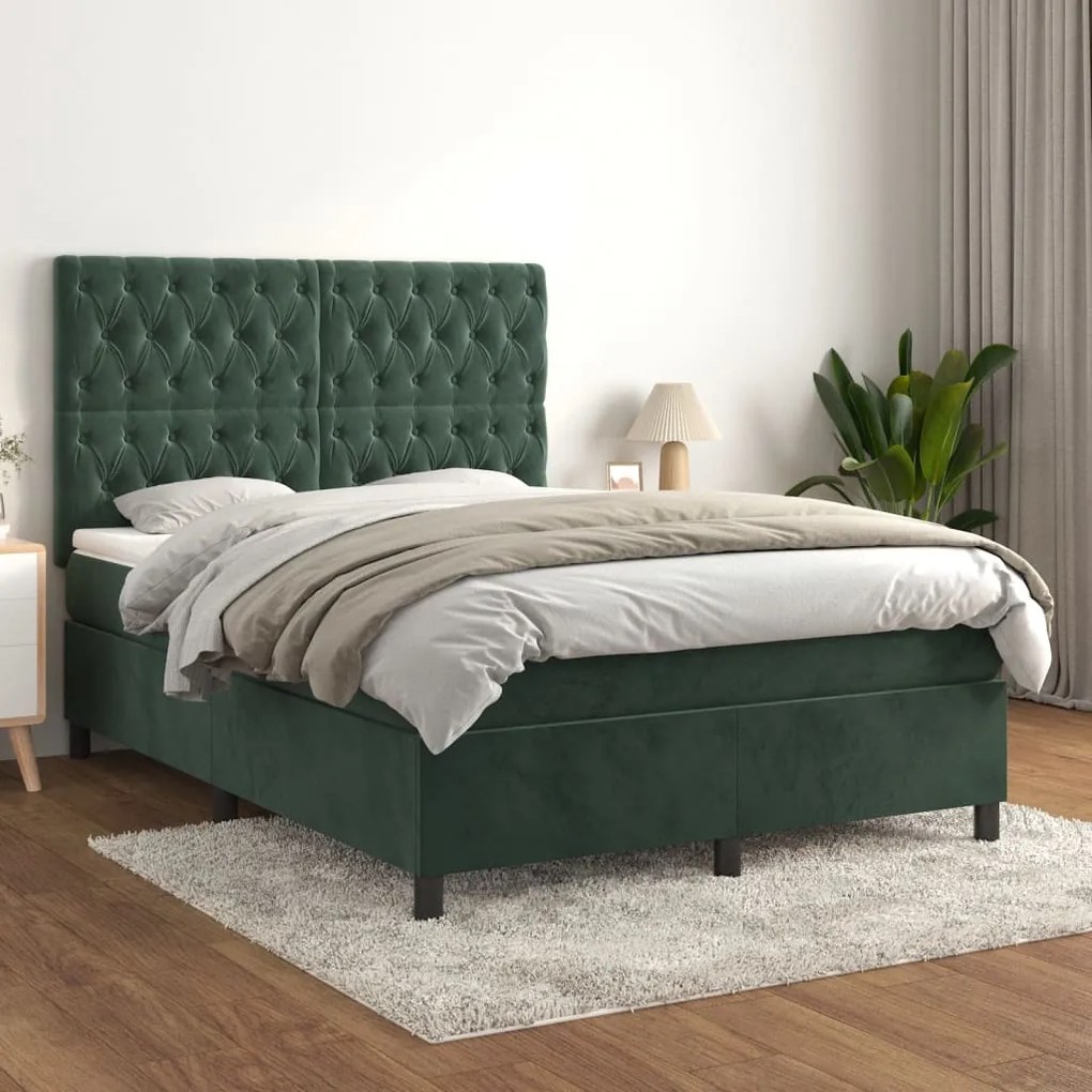 3143208 vidaXL Pat box spring cu saltea, verde închis, 140x200 cm, catifea