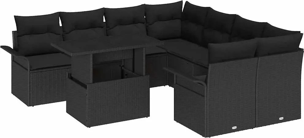 vidaXL Set de canapele pentru grădină cu pernă 9 pcs Negru Poli Rattan