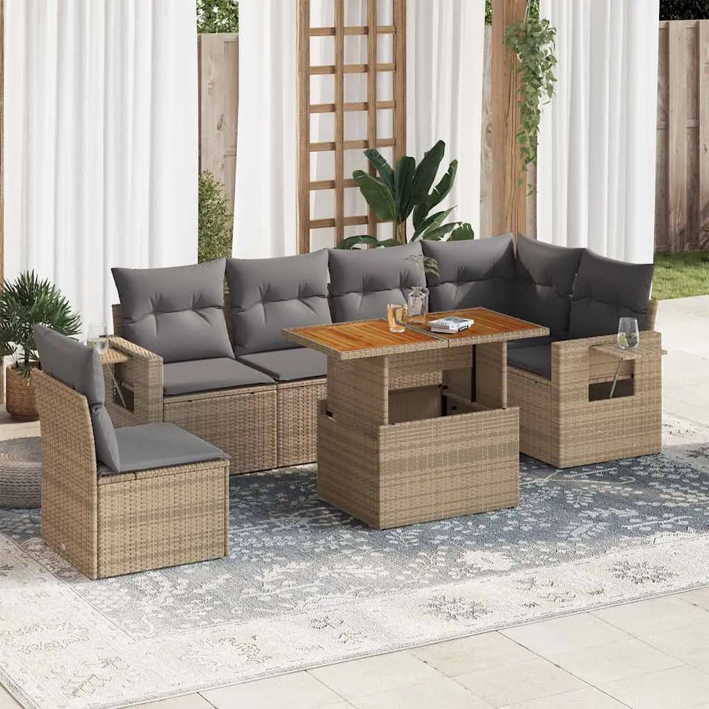 vidaXL Set canapele de grădină, 7 piese, cu perne, bej, poliratan