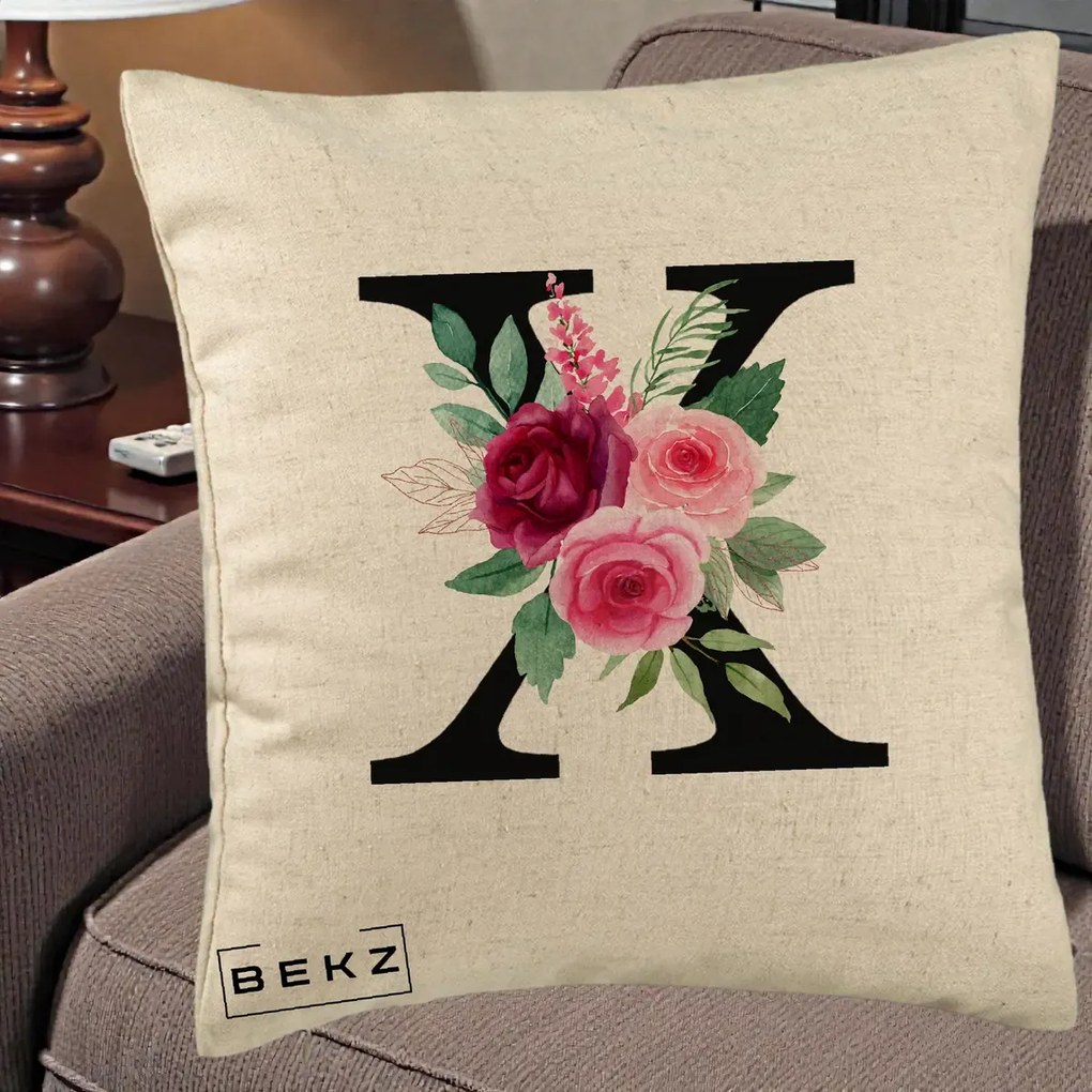 Cadou Personalizat - Perna Personalizata Monograma Florala Litera X cu Buchet, 40x40 cm, Bej, Husa Detasabila, Perna Inclusa, BEKZ®