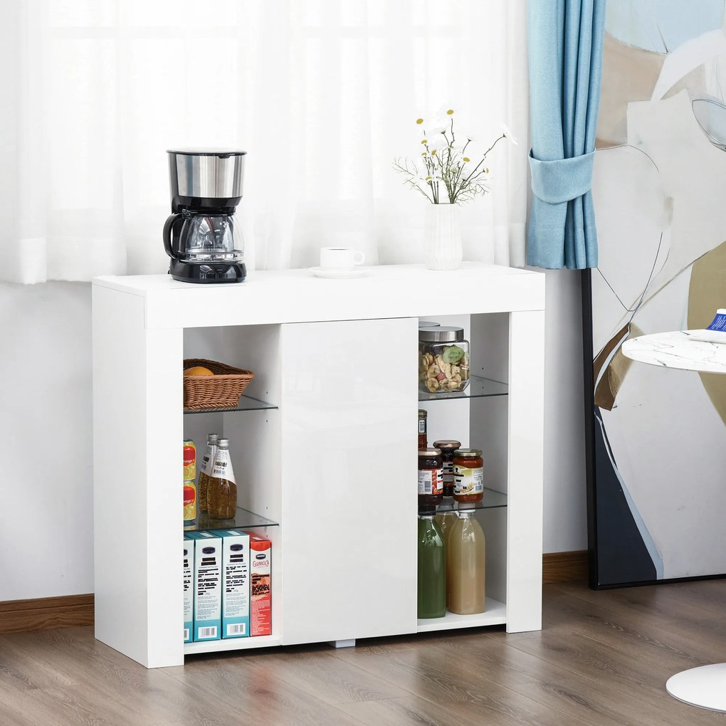 HOMCOM Bufet Modern cu Usa si Lumini LED cu Finisaj Lucios si Rafturi din Sticla, Dulap Mutifunctional 97x35x83cm, Alb Modern | Aosom Romania