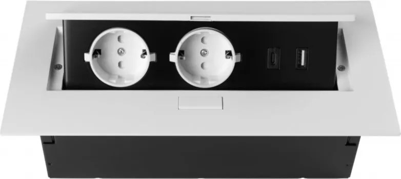 Priză încorporabilă în blat GTV, 2 prize Schuko, USB A + C, alb, 265 x130 mm Aluminiu/ plastic, Alb, L:265 mm; l:130 mm; H:110 mm
