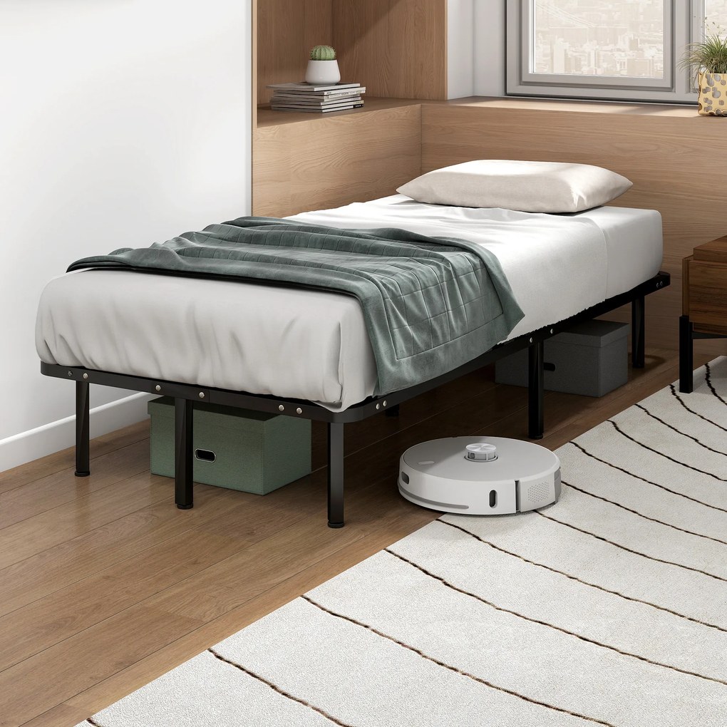 HOMCOM Cadru de Pat Industrial cu 28 de Lamele și Spațiu de Depozitare, din Lemn și Oțel, 190x90x31 cm, Negru și Lemn | Aosom Romania