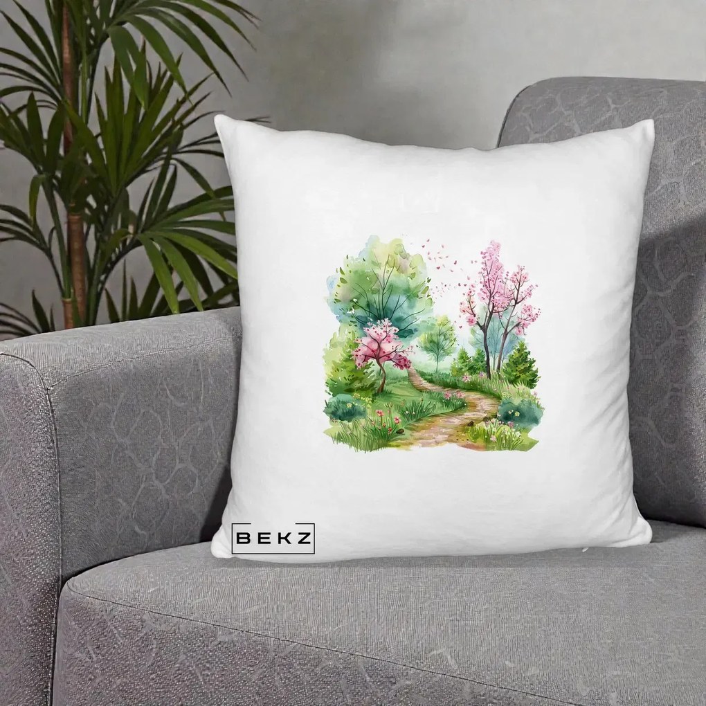 Perna Decorativa Gradina Primavara Acuarela, 40x40 cm, Alb Pufos, Husa Detasabila, Perna Inclusa, BEKZ®